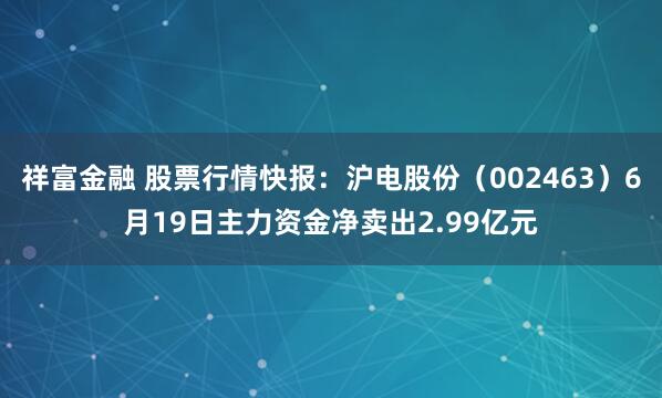 祥富金融 股票行情快报：沪电股份（002463）6月19日主力资金净卖出2.99亿元
